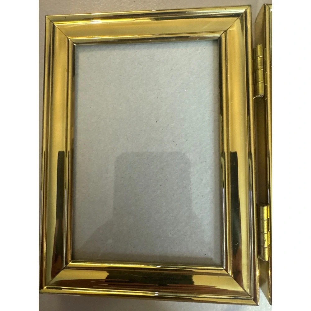 Vintage Gold Tone Hinged Double Picture Frame 3.5x5 Beveled Metal Tabletop Korea